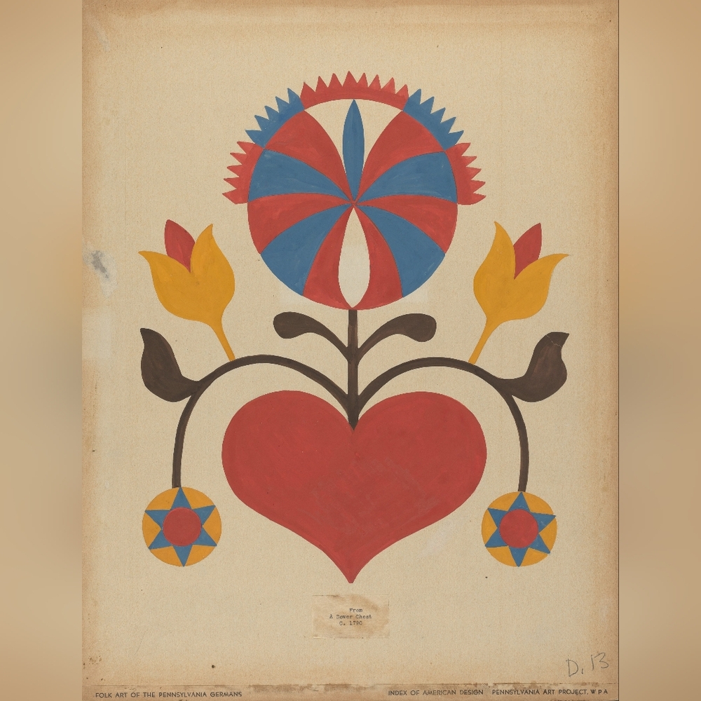 Folk Art Print with Heart and Floral Design